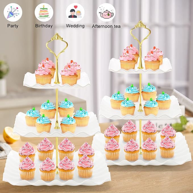 Coitak 3 Tier Cupcake Stand, Plastic Tiered Serving Stand, Square Dessert Tray for Tea Party, Birthday and Wedding (Pure White)