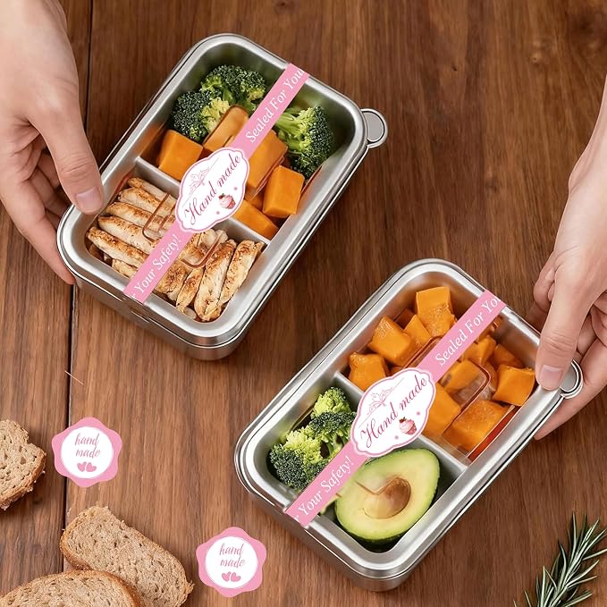 100 Pcs Handmade Food Retail Package Seal Labels 9x1'' Safe Secure Tamper Evident Labels 100Pcs Handmade Food Baking Label with 1.75 '' 100Pcs Hand Made Stickers for Cake Dessert Box Packaging