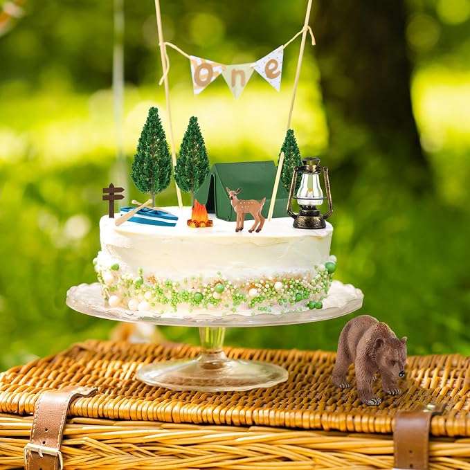 Camping Cake Toppers 12Pcs Camping Themed Party Decoration Include Tent Bonfire Tree Boat Deer for Kids Adults Adventure Theme Birthday Party Supplies