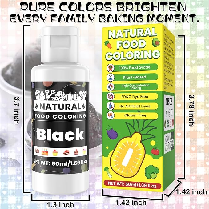 Black Natural Food Coloring - 50ml Plant Based Food Dye, No FD&C & Artificial Dyes, Gluten-Free, Food-Grade, Vibrant Liquid Colors for Icing, Baking, Cake Decorating, Frosting, Fondant, Slime - 1.69 Fl.Oz Bottles