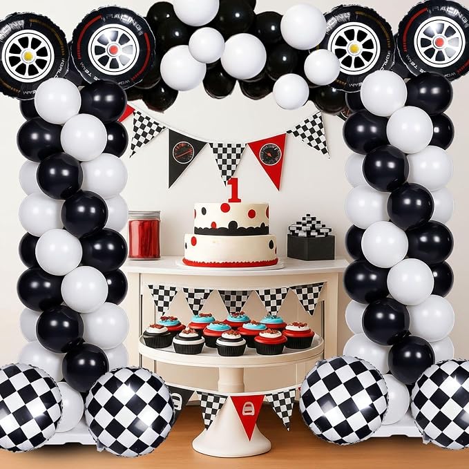 Skylety 2 Sets Race Car Balloon Column Stand Kit Adjustable Race Car Black White Balloon Stand with Bases for Birthday Wedding Anniversary Graduation Party Baby Shower Decorations Supplies