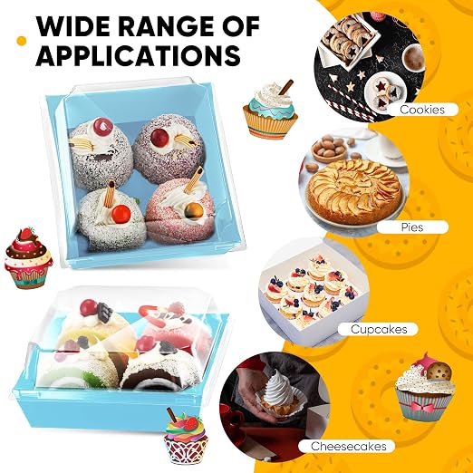 100 Pack Charcuterie Boxes with Clear Lids Valentine Gift 5 Inch Cookie Boxes Disposable Cake Case Paper Square Cookie Containers Dessert for Sandwich Slice Cake Hot Cocoa Bombs Strawberries(Blue)