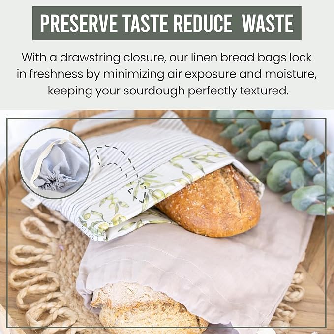 Ark & Aron Reusable Bread Bags - Pack of 2 Beeswax Bread Bags for Sourdough | Linen Bread Bag for Homemade Breads | Sourdough Loaf Bags | Cotton Food Storage Bag for Breads(Olive Leaf/Almond Branch)