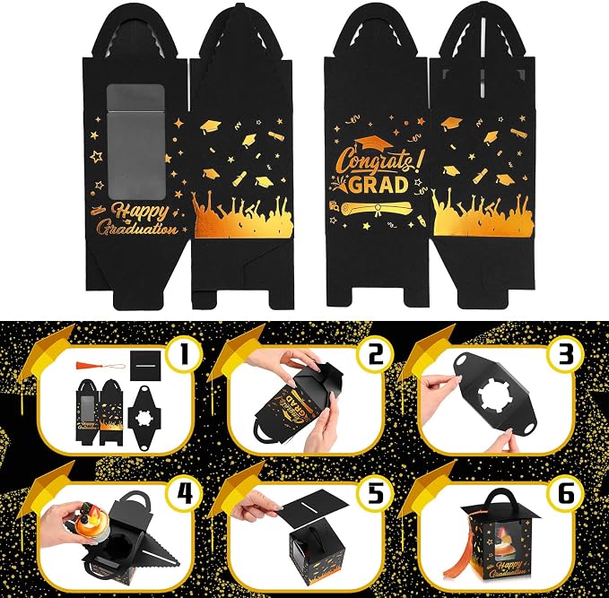Outus 30 Pcs Graduation Cupcake Boxes Graduation Gift Box Congrats Grad Cupcake Container Candy Boxes with Window and Tassel for 2026 College High School Grad Party (Black and Orange)