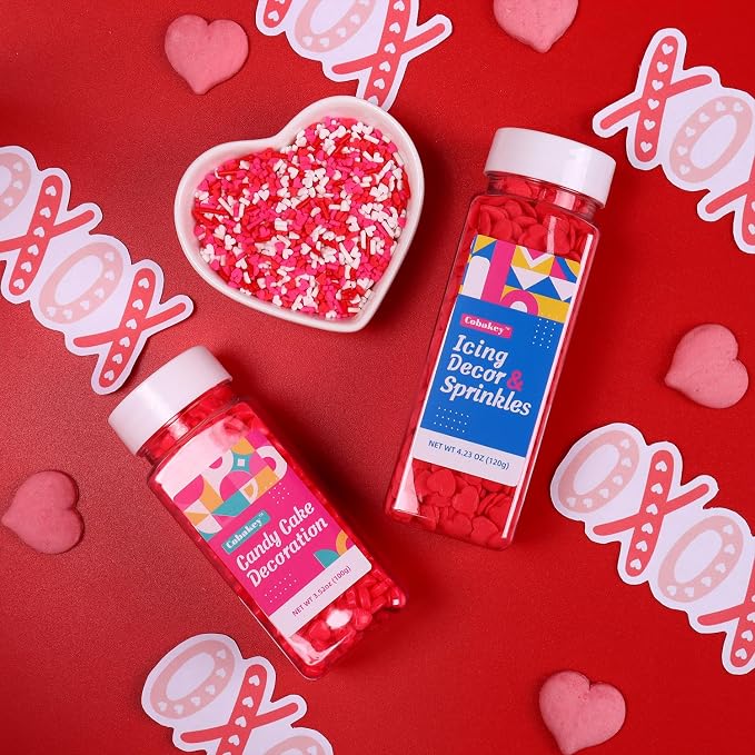 Valentines Sprinkles for Baking, 7oz White Red Pink Jimmies and Heart Sprinkles for Cake Decorating, Valentine Sprinkles for Cookies, Cupcake, Ice Cream, Cake