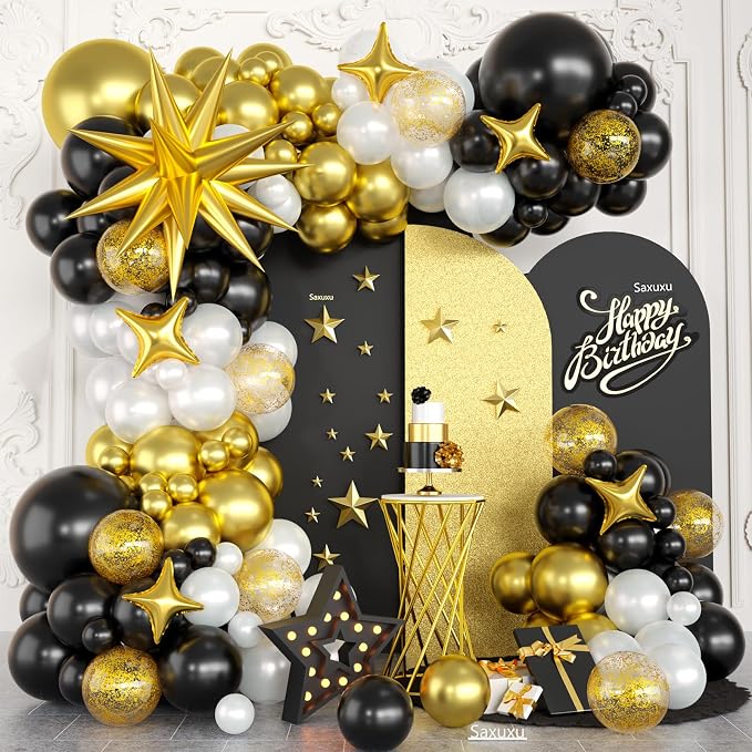 Black and Gold Balloon Arch Kit, Black White Gold Balloons Garland Kit, Star Foil Balloons, Confetti Balloon For Graduation Birthday New Year Retirement Party Wedding Baby Shower Decorations