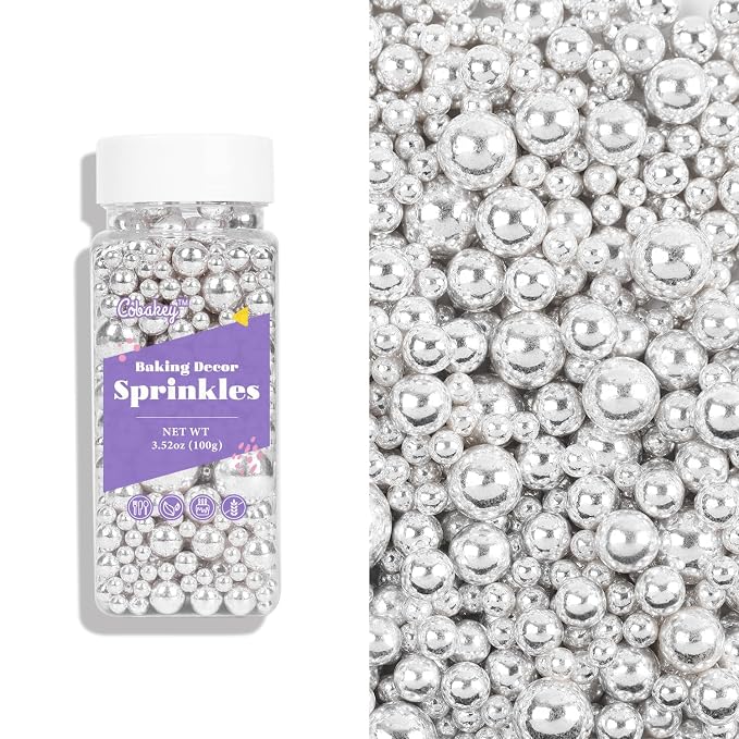 Cobakey Bright Silver Sprinkles for Cake Decorations 3.52 ounce Silver Metallic Pearl Sugar Sprinkles for Cupcake Toppers Wedding Party Valentines Halloween Christmas Supplies