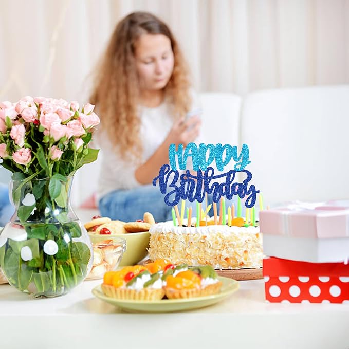 Gyufise 1Pcs Happy Birthday Cake Topper Glitter Cake Pick for Celebrating Happy Birthday Anniversary Theme Party Cake Decorations Supplies Blue