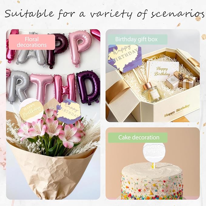 Wootkey 8Pcs Acrylic Happy Birthday Cake Toppers Engraved Happy Birthday Sign for Cake DIY Birthday Gift Flower Bouquet Pastries Desserts Decor