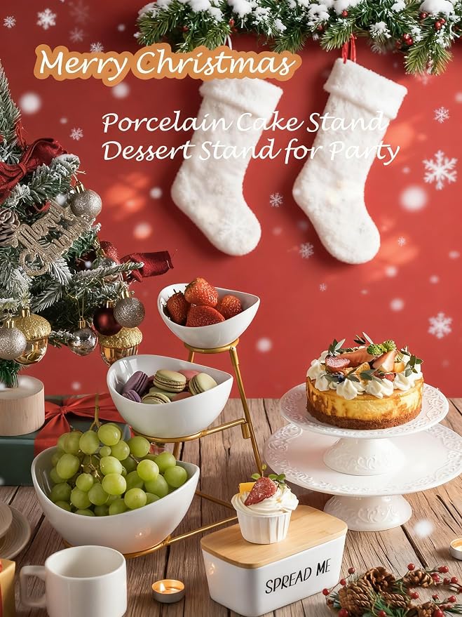 White Cake Stand – Fits Cakes Smaller Than 8 Inches, Porcelain Dessert Plate for Party, Christmas, Baby Shower, Birthday, Home Decorating Stand