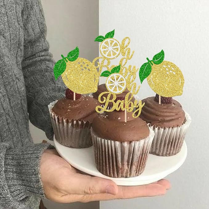 Rsstarxi 24 Pack Lemon Oh Baby Cupcake Toppers Gold Glitter Fruit Theme Oh Baby Lemonade Cupcake Picks for Lemon Theme Baby Shower Kids Birthday Party Cake Decorations Supplies