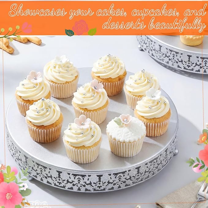 Wenqik 2 Pack Cake Stand Set, 14/16 Inch Metal Round Cupcake Dessert Stand Decorative Elegant Cake Display for Weddings Party Birthday Baby Showers Anniversary(Classic Floral,Silver)