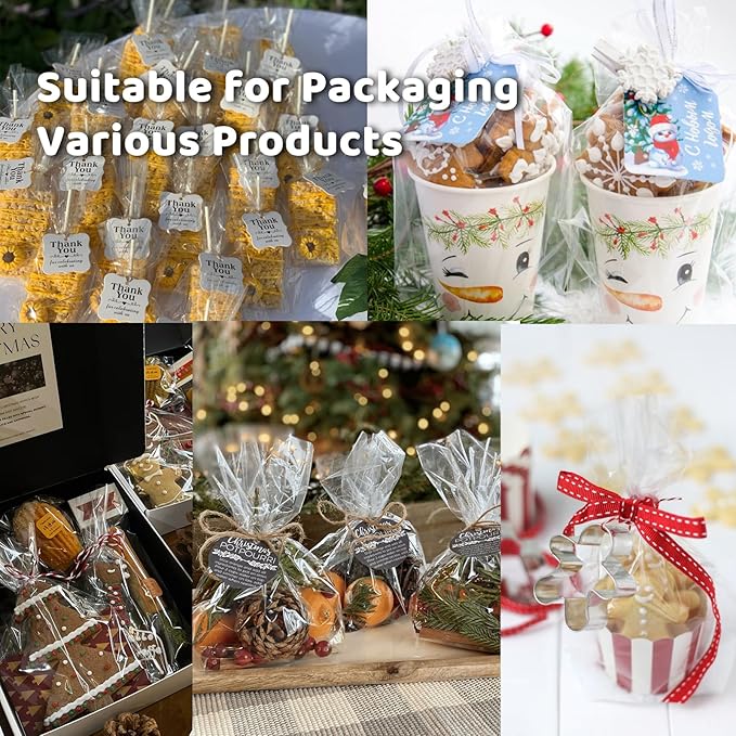 WIKDAY Cellophane Bags 50 PCS 6x10 Inches Clear Gift Gags with Ties Plastic Treat Party Favor Candy Bags for Gift Giving, Packaging Snack, Products