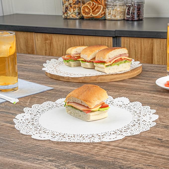 Restaurantware Pastry Tek 12 x 12 Inch Lace Doilies 100 Decorative Tableware Placemats - Disposable Round White Paper Table Doilies For Birthdays Or Weddings Table Decor
