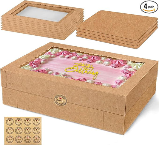 4PCS Kraft Large Cake Box 19x14x4 Inch Rectangular Cake Box with Cake Boards Bakery Boxes for Donuts Cookies Cupcakes Pastry Dessert Packaging Ideal for Weddings Birthdays Baby Showers Parties