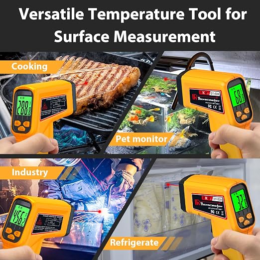 FKM Infrared Thermometer Gun Non-Contact Laser Temperature Gun,-58°F~986°F(-50°C~530°C) AdjustableEmissivity,Digital Thermometer Gun for Cooking,Oven,Griddle,Automotive,HVAC,Industrial,Not for Human