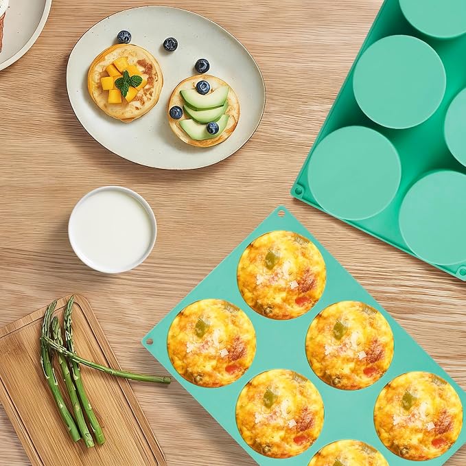 4Inch Round Silicone Mold for Baking, 2Pcs Large Silicone Muffin Top Pan Non-Stick, 6-Cavity Baking Mold for Breakfast Sandwiches Hamburger Egg Whoopie Pie (1.4Inch Deep)