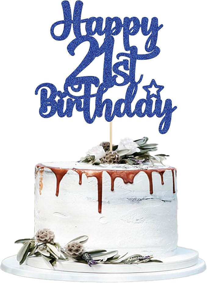 Gyufise 1Pc Happy 21st Birthday Cake Topper Glitter 21 & Fabulous Cheers to 21 Years Old Birthday Cake Pick for Celebrating 21st Anniversary Party Cake Decorations Blue