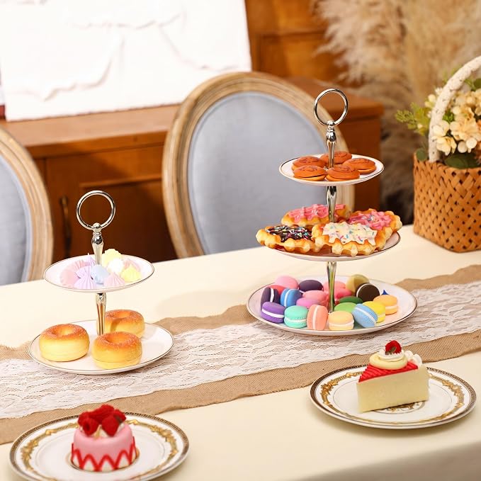 Teenyyou 8 Pack 3 Tier Cupcake Stand Bulk Tiered Dessert Stand Thick Plastic Serving Tray with Gold Edges Dessert Table Display Set Tea Cake Holder for Wedding Birthday Party(Silver White,Round)