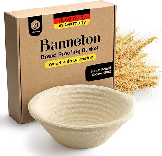 Wood Pulp Banneton Bread Proofing Basket – 9" Round 1.5LB Brotform, Grooved Pattern – Non-Stick Natural Wood Pulp Pressed for Durability – Made in Germany Proofing Baskets for Sourdough Bread Baking