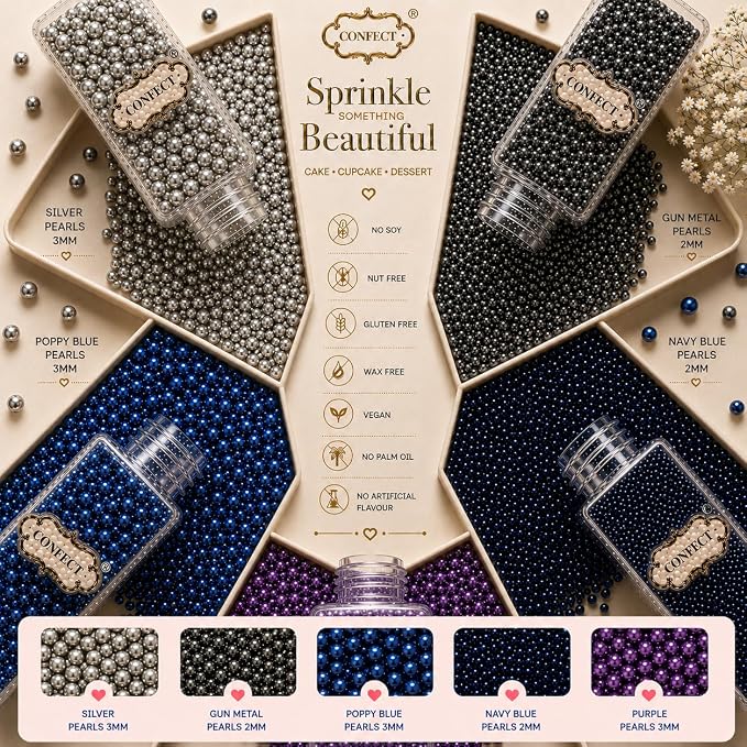 Confect Pearl Sprinkles | Assorted pack of 5 Under The Sea Disco Ball Sprinkles | Mix Grey, Sliver, Bright Blue, Navy Blue & Purple Pearl Dragees - Vegan, Gluten-Free, Nut-Free, Soy-Free, Dairy-Free, Palm Oil-Free, No Artificial Dyes - 5 Oz
