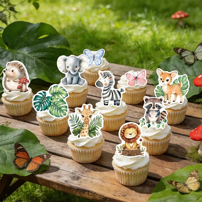 60Pcs Edible Jungle Safari Animal Cupcake Toppers Wafer Paper Green Leaf Woodland Animal Cupcake Kids Baby Shower Birthday Party Decoration Supplies