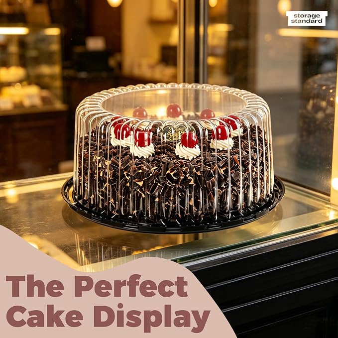 6-Pack Cake Carrier Holder Container for 10 Inch Round Cakes - Plastic Disposable Cake Containers, Take Out Storage w/Clear Dome Lids, Black Base Serving Trays, White Cake Boards, 12 x 5 Inches