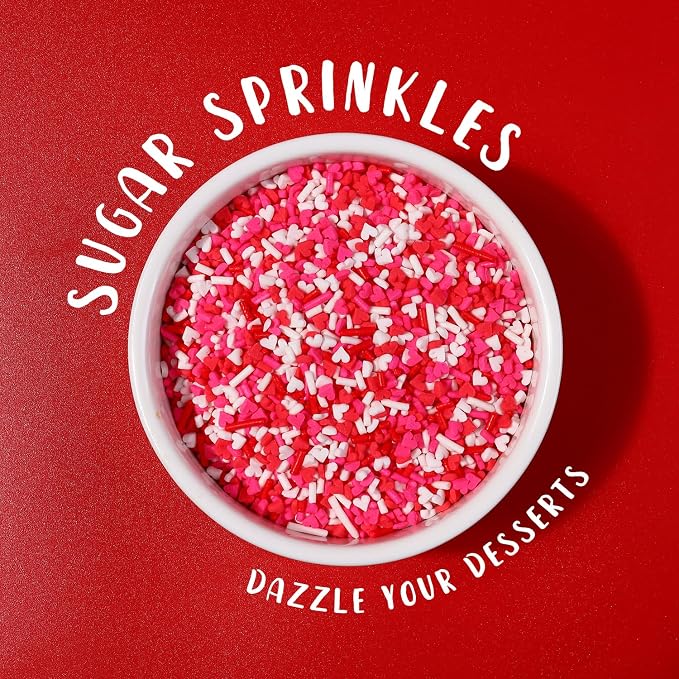 Valentines Sprinkles for Baking, 7oz White Red Pink Jimmies and Heart Sprinkles for Cake Decorating, Valentine Sprinkles for Cookies, Cupcake, Ice Cream, Cake