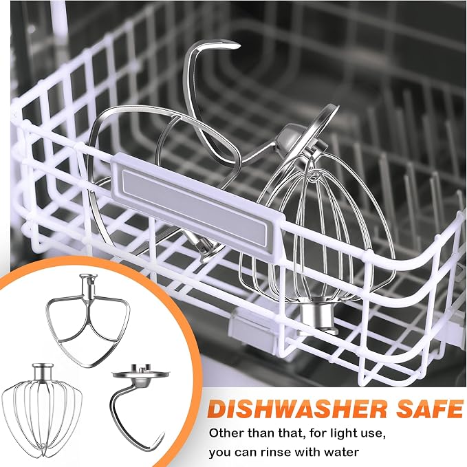 Stainless Steel Mixer Attachments for KitchenAid 5QT Mixer, 3 PCS | For KitchenAid 4.5/5QT Tilt-Head Mixer, All Stainless Steel, K45WW K45DH K45B, Dishwasher Safe, Mixer/Machine NOT Included