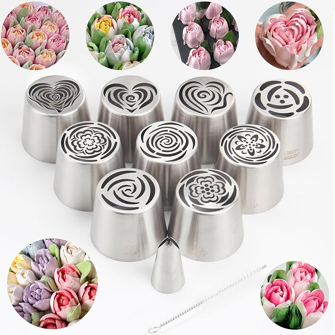 11-Piece Extra-Large Russian Flower Piping Tip Set, Stainless Steel Rose and Tulip Piping Tips for Cake Decoration, Including 9 Extra-Large Flower Tips, 1 Leaf Tip, and 1 Brush
