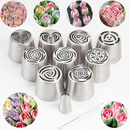 11-Piece Extra-Large Russian Flower Piping Tip Set, Stainless Steel Rose and Tulip Piping Tips for Cake Decoration, Including 9 Extra-Large Flower Tips, 1 Leaf Tip, and 1 Brush