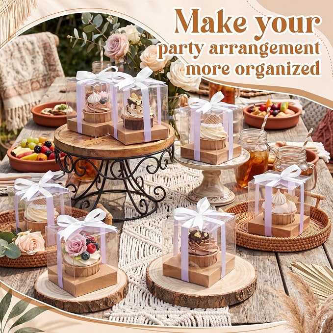 Thenshop 50 Pcs Clear Cupcake Boxes Individual 3.5 Inch Plastic Single Cupcake Containers Boxes with Inserts and Ribbon Individual Cake Storage Holders for Cake Kitchen (Kraft)