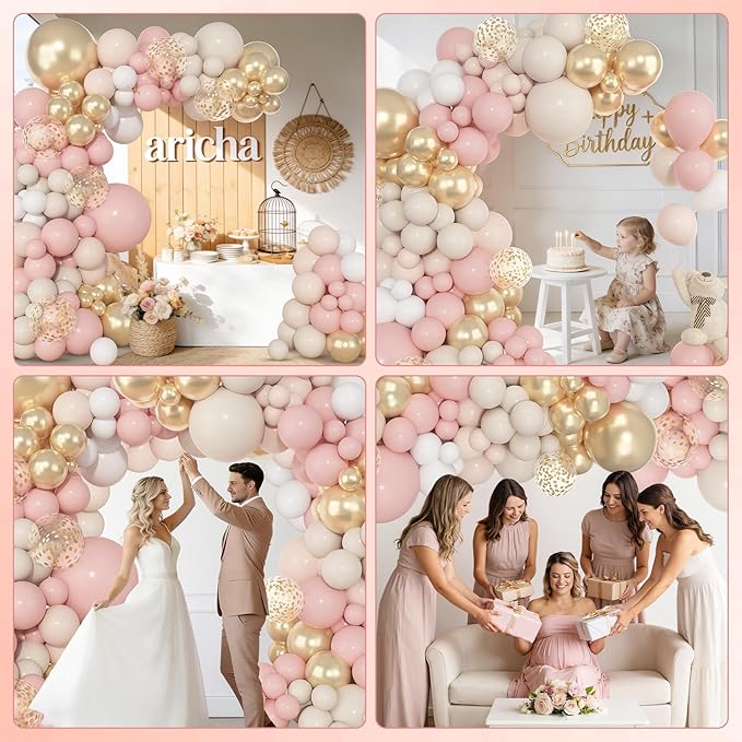 Amandir 153pcs Dusty Pink and Gold Balloon Garland Arch Kit, Different Sizes 18 12 10 5 inch Blush Pink White Sand Latex Metallic Confetti Balloons for Boho Bridal Wedding Birthday Party Decorations