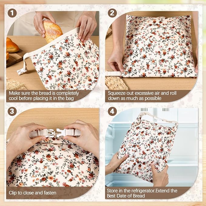 Reusable Beeswax Bread Bags for Homemade Bread Sourdough (2 Pcs 13x17in Bags + 10in Bowl Cover) Floral Cotton 100% Natural Beeswax Coating, Plastic-free Food Storage Wrap(Vintage Flower)
