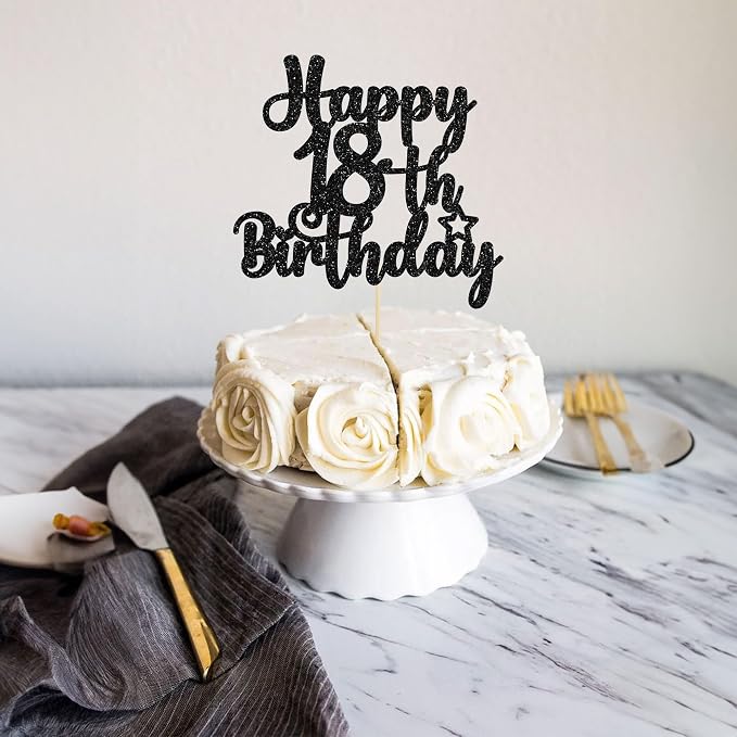 Gyufise 1Pc Happy 18th Birthday Cake Topper Glitter 18 & Fabulous Cheers to 18 Years Old Birthday Cake Pick for Celebrating 18th Birthday Party Cake Decorations Supplies Black