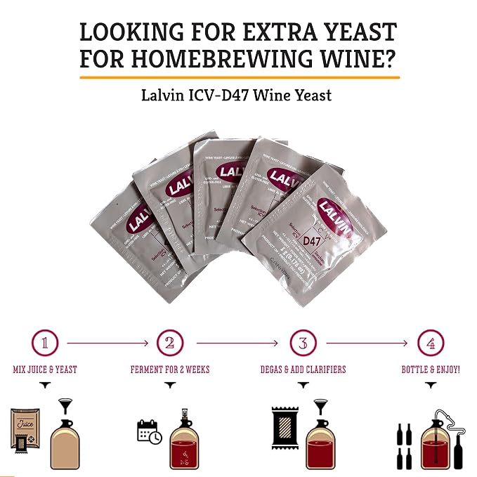 Craft A Brew - Lalvin ICV-D47 Wine Yeast - Dry Wine Yeast - For Full-Bodied, Complex White Wines & Meads - Ingredients for Home Fermenting - Wine Making Supplies - [5 Pack]