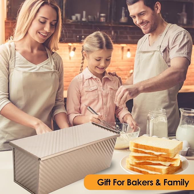 2-pack 2.2lb Aluminized Steel Gold Pullman Loaf Pan with Lid, Premium Non-Stick Coating Bread Pan, PFTE and PFOA-Free, Safe and Healthy Baking for Homemade Bread with Family-sized Recipes