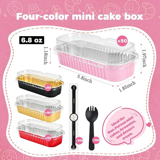 NPLUX Mini Cake Pans with Lids, Spoons and Stickers, 100 Pack 6.8 oz Assorted Color Disposable Aluminum Foil Baking Pans, Rectangular Mini Loaf Containers for Brownies, Cheesecake and Bake Sale