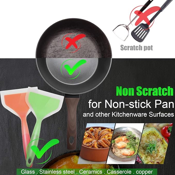 Shappy 2 Pcs Wide Spatula Tamagoyaki Omelette Silicone Shovel Turner Nonstick Fried Fish Spatula Wide Flexible Turner for Nonstick Cookware Egg Cookie Pancake(Green, Orange)