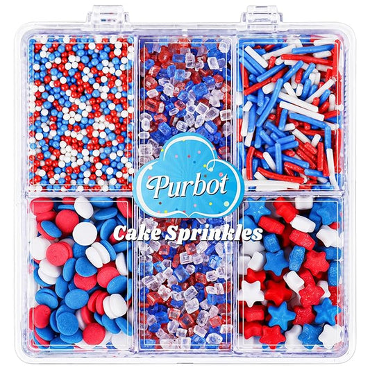 Red White and Blue Sprinkles Edible, 130g/4.6oz 4th of July Sprinkles for Cake Decorating with Stars, Jimmies, Confetti, Sparkling Sugar and Nonpareils in 5-Cell, Ice Cream, Donuts, Macaron Toppings Supplies