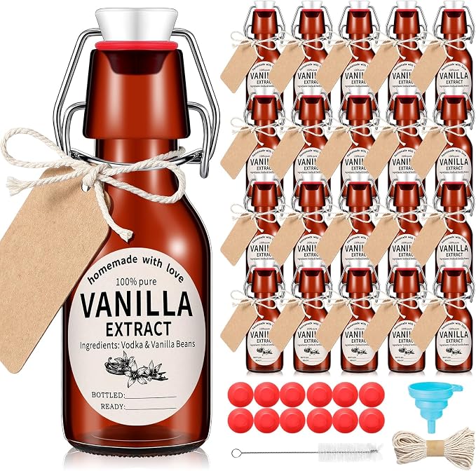 Vesici 12 Sets Swing Top Glass Bottles Set Amber Homemade Vanilla Extract Bottles Vanilla Extract Jars for Christmas DIY Crafts (4 Oz)