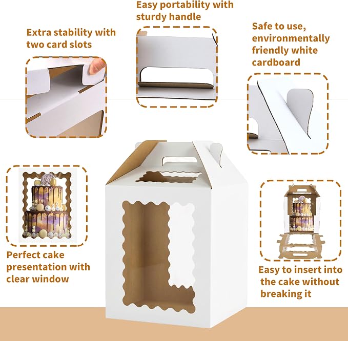 3 Pack 12in Tall Cake Boxes for Tier Cakes, 12x12x14 Inch Tiered Cake Box,Tall Cake Carrier with Window, 10in 12in Large Tierd Bakery Take Out Transport Containers with Handle