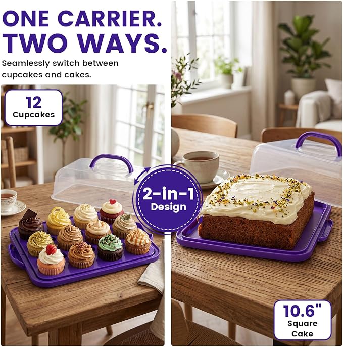 VGOODALL Cupcake Carrier, Rectangle Cake Plate with Lid, 12 Capacity Cup Cake Portable Container Dessert Holder with Handle for Family Picnics and Party Events, 2-in-1 Design, Purple