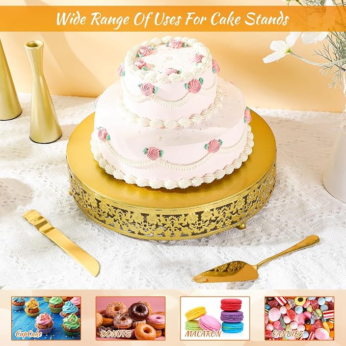 Wenqik 14 Inch Gold Cake Stand Set Metal Round Cupcake Dessert Stand with Cake Cutting, Flower Spatula Wedding Cupcake Pastry Display Candy Holder Display for Wedding Party Birthday Baby Shower