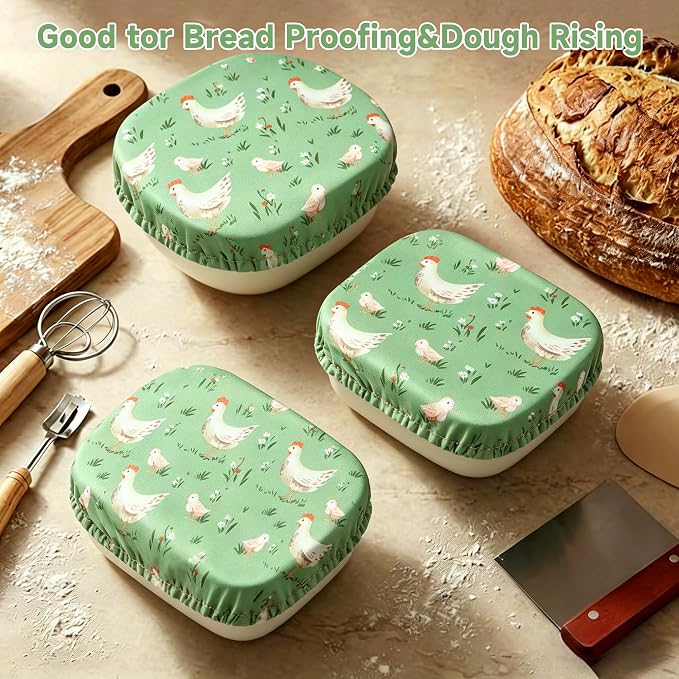 Reusable Bowl Covers, Elastic Cotton Cloth Sourdough Bread Cover, Reusable Bowl Caps for Bread Proofing Baskets and Large Mixing Containers, 3 Pack, Chicken