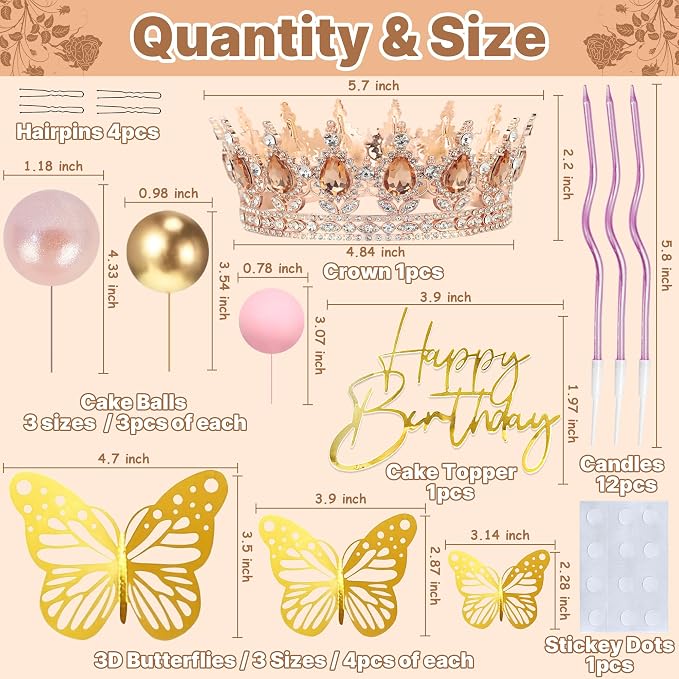 Crown Cake Topper, Amber & Rose Gold Crown Balls Happy Birthday Cake Toppers Candles Butterfly, Corona Para Pastel, Crown Cake Decorations for Women Queen Princess (Rose Gold, Peach)