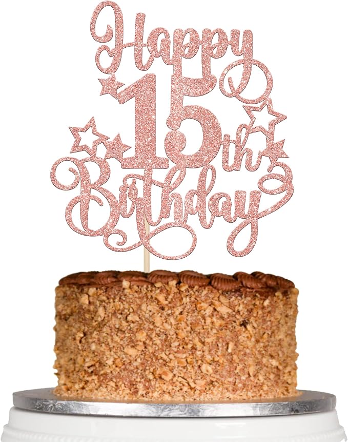 1 PCS Happy 15th Birthday Cake Topper Glitter Cheers to 15 Years Birthday Cake Pick Hello 15 Fabulous Cake Decoration for Happy 15th Birthday Anniversary Party Decorations Supplies Rose Gold