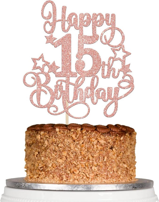 1 PCS Happy 15th Birthday Cake Topper Glitter Cheers to 15 Years Birthday Cake Pick Hello 15 Fabulous Cake Decoration for Happy 15th Birthday Anniversary Party Decorations Supplies Rose Gold