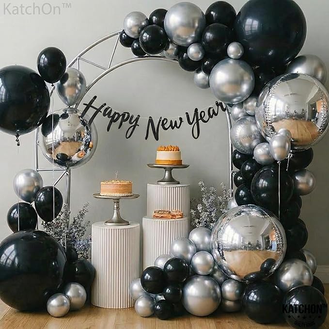 KatchOn, Large Black and Silver Balloon - 22 Inch, Pack of 6 | Black and Silver Mylar Balloons for New Years Decorations 2026 | Birthday, Bachelorette Party Decorations | New Years Eve Balloons
