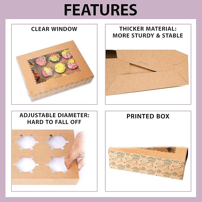 Cupcake Boxes with Window, Food Grade Kraft Bakery Containers to fit 12 Cupcakes, Cookies, Muffins, Pastry, Long Treats (10)